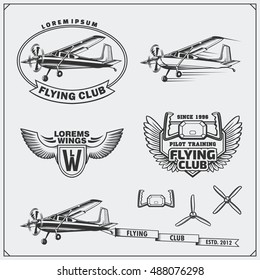 Airplane Club labels, emblems, badges and design elements. Vector monochrome illustration. Vintage style.