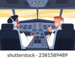 Airplane cockpit. Aviation crew inside aircraft cabin, pilot and plane captain control monitoring flight navigation panel, two aviators on chair in jet, classy vector illustration