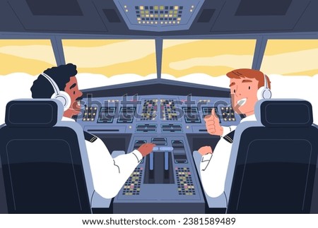 Airplane cockpit. Aviation crew inside aircraft cabin, pilot and plane captain control monitoring flight navigation panel, two aviators on chair in jet, classy vector illustration