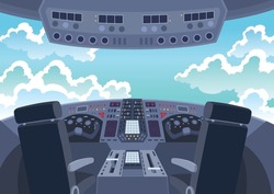 Airplane Cockpit. Back View Of Cabin Flying Airplane. Inside Cockpit During Flight. Vector Cartoon Illustration