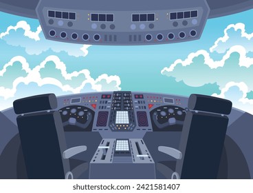 Airplane cockpit. Back view of cabin flying airplane. Inside cockpit during flight. Vector cartoon illustration