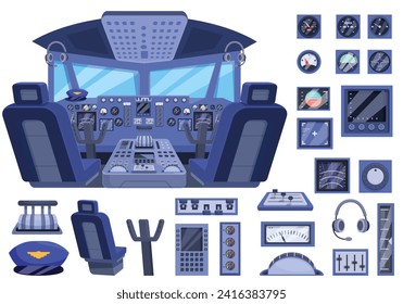 Iconos de la cabina de vuelo establecen el vector de la caricatura. Panel de control. Interruptor del botón del botón del botón