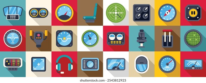 Conjunto de ícones da cabina de pilotagem do avião. Ícones planos coloridos dos instrumentos da cabina de pilotagem do avião, comandos e elementos da interface do piloto, fornecendo dados essenciais de voo e ferramentas de navegação