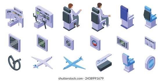 Airplane cockpit icons set isometric vector. Airplane dashboard. Panel control switch