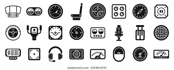 Conjunto de ícones da cabina de pilotagem do avião. Conjunto de ícones pretos simples representando vários instrumentos e controles encontrados em uma cabine de pilotagem de aeronaves, ideal para projetos relacionados à aviação