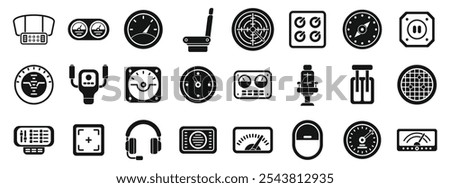 Airplane cockpit icons set. Set of simple black icons representing various instruments and controls found in an aircraft cockpit, ideal for aviation related projects