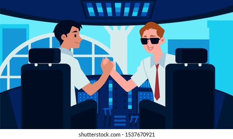 Airplane cockpit interior with cartoon captain and copilot shaking hands before liftoff and window view to airport terminal - pilot handshake flat banner vector illustration