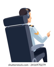 Airplane cockpit pilot. Back view of crew flying airplane. Pilot or copilot inside cockpit during flight. Vector cartoon illustration