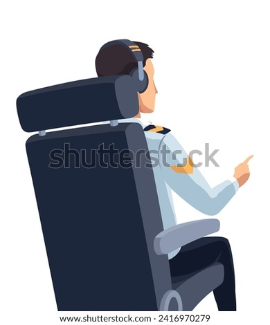 Airplane cockpit pilot. Back view of crew flying airplane. Pilot or copilot inside cockpit during flight. Vector cartoon illustration