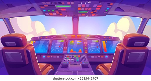 Flugzeugcockpit, Innenraum der Pilotenkabine mit Flugdeck-Armaturenbrett mit Navigationsmonitoren, Bedienfeld, Sitzen für Piloten und Fenster mit Blick auf den wolkigen Himmel. Cartoon, Vektorgrafik des zivilen Luftverkehrs