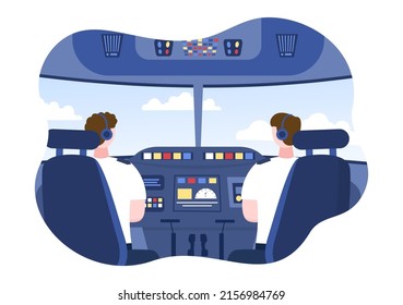 Airplane Cockpit with Pilot Sitting in Front of the Dashboard to Drive the Plane Inside in Cartoon Vector Illustration