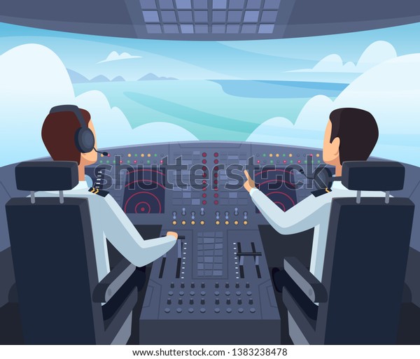 Airplane cockpit. Pilots sitting\
front of dashboard aircraft inside vector cartoon\
illustrations