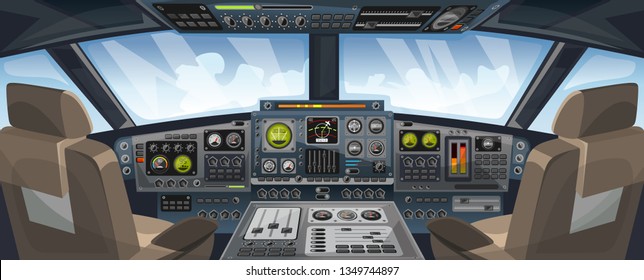 Airplane cockpit view with control panel buttons and sky background on window view. Airplane pilots cabin with dashboard control and pilots chair for games design. Airplane interface for UI, UX, GUI.