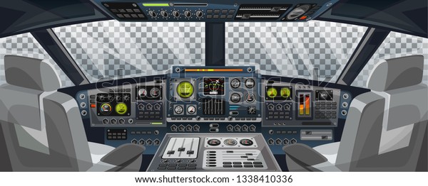 Airplane cockpit view with control panel buttons and\
transparent background on window view. Airplane pilots cabin with\
dashboard control and pilots chair for games design. Airplane\
interface for UI, 