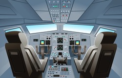 Airplane Cockpit View With Panel Buttons, Dashboard Control And Pilot's Chair. Airplane Pilots Cabin. Cartoon Vector Illustration.