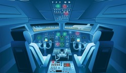 Airplane Cockpit View With Panel Buttons, Dashboard Control And Pilot's Chair At Night. Airplane Pilots Cabin. Cartoon Vector Illustration.