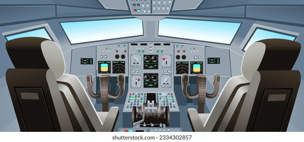 Airplane cockpit view with panel buttons, dashboard control and pilot's chair. Airplane pilots cabin. Cartoon vector illustration.