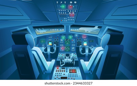 Airplane cockpit view with panel buttons, dashboard control and pilot's chair at night. Airplane pilots cabin. Cartoon vector illustration.