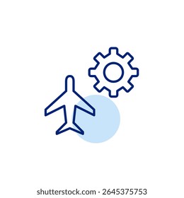 Airplane and cogwheel. Aviation settings, flight system optimization, aircraft engineering, technical flight control, onboard system configuration. Pixel perfect, editable stroke vector icon
