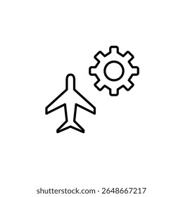 Airplane and cogwheel. Aviation settings, flight system optimization, aircraft engineering, technical flight control, onboard system configuration. Pixel perfect, editable stroke vector icon