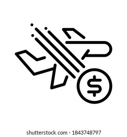 Airplane with coin drop. Line vector. Isolate on white background.
