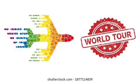 Airplane collage icon of filled circle elements in variable sizes and LGBT colored color tones, and World Tour dirty rosette stamp seal. A dotted LGBT-colored Airplane for lesbians, gays,