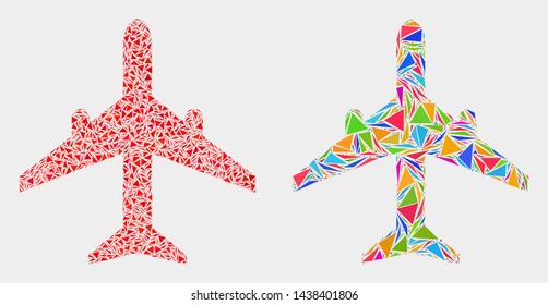 Airplane collage icon of triangle items which have various sizes and shapes and colors. Geometric abstract vector illustration of airplane.