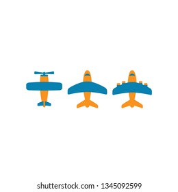 Airplane colorful vector cartoon icon set. Jet plane, retro airplane with airscrew cartoon icons in blue and orange.