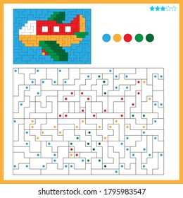 Airplane. Coloring book for kids. Colorful Puzzle Game for Children with answer.