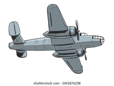 Airplane - coloured hand drawing illustration of old type aircraft of cargo or bomber type.