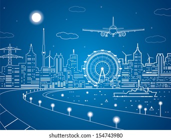 Airplane comes in to land on the background of the night city, the ship on the water, vector design art