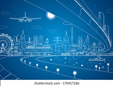 Airplane comes in to land on the background of the city at night, the ship on the water, vector design art