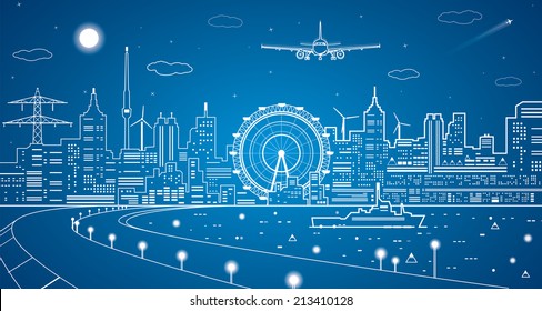 Airplane comes in to land on the background of the city at night, the ship on the water, vector art