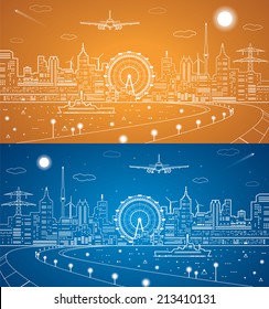 Airplane comes in to land on the background of the city at night, the ship on the water, vector art