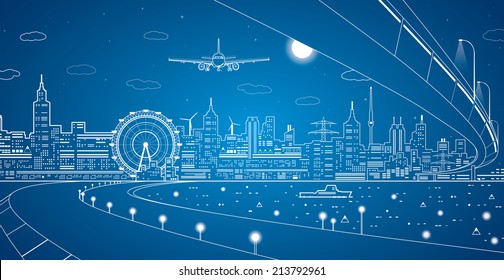 Airplane comes in to land on the background of the city at night, the ship on the water, vector design art