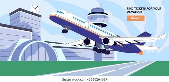 Avión llegando para aterrizar en pista. Avión de llegada en la pista de aterrizaje. Despegue de avión desde el aeródromo. Torre del aeropuerto, fondo del edificio de la terminal. Cartel de viaje en avión. Ilustración vectorial plana