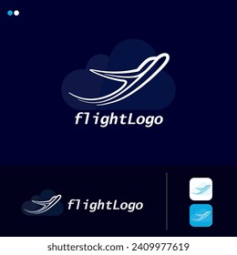 Logo-Design-Vektorgrafik von Airplane Company. Airline-Logo mit Plane und Cloud. Vorlage für Design des Creative Line-Logos des Luftfahrtunternehmens. Flugzeug, Aircraft Symbol oder Zeichen oder Symbol für Reiseagentur.