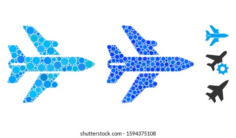 Airplane composition of filled circles in various sizes and color tints, based on airplane icon. Vector round dots are organized into blue composition. Dotted airplane icon in usual and blue versions.