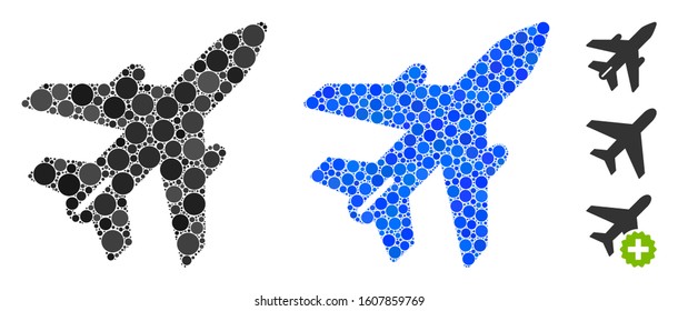 Airplane composition of round dots in various sizes and color tints, based on airplane icon. Vector round dots are united into blue composition. Dotted airplane icon in usual and blue versions.