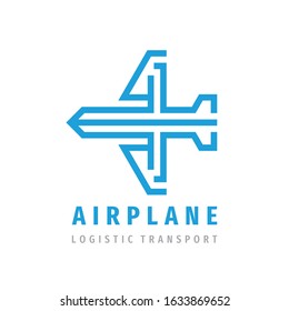 Airplane concept business template logo design. Air travel wings creative icon sign. Logistic transport symbol. Express speed delivery courier service. Arrow icon. Shipping. Graphic design elements. 