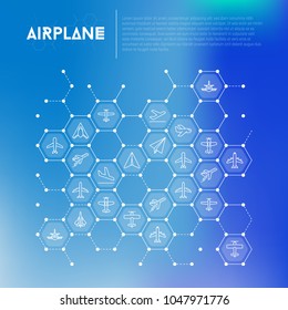 Airplane concept in honeycombs with thin line icons: agricultural aircraft, passenger's plane, military aviation, paper plane. Top, side, front views. Vector illustration for print media, banner.
