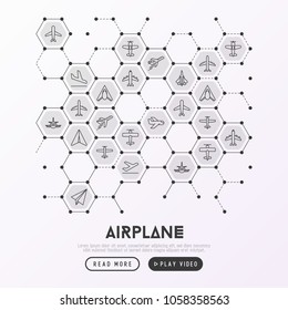 Airplane concept in honeycombs with thin line icons: agricultural aircraft, passenger's plane, military aviation, paper plane. Top, side, front views. Modern vector illustration for print media.