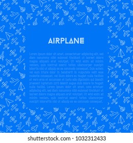 Airplane concept with thin line icons: agricultural aircraft, passenger's plane, military aviation, paper plane. Top, side, front views. Modern vector illustration for print media, banner, web page.
