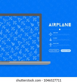 Airplane concept with thin line icons: agricultural aircraft, passenger's plane, military aviation, paper plane. Top, side, front views. Modern vector illustration for print media, banner, web page.