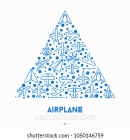 Airplane concept in triangle with thin line icons: agricultural aircraft, passenger's plane, military aviation, paper plane. Top, side, front views. Modern vector illustration for print media, banner.