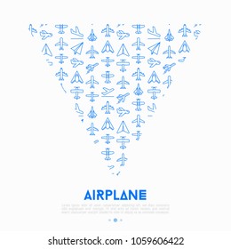 Airplane concept in triangle with thin line icons: agricultural aircraft, passenger's plane, military aviation, paper plane. Top, side, front views. Modern vector illustration for print media, banner.