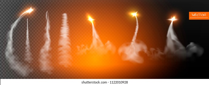 Airplane condensation trails. Jet trailing smoke isolated vector set. Foggy trail jet or plane, smoky effect after rocket. Flash rockets. Vector illustration.