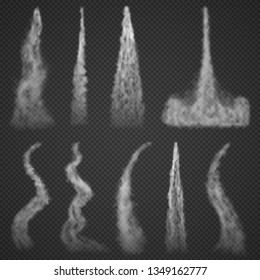 Airplane condensation trails smoke isolated on transparent background. White foggy aviation smoke clouds set. Rocket start trail smoky. Vector illustration
