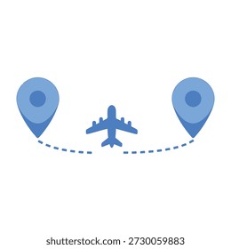 Avião que liga dois destinos com pinos de localização em fundo minimalista