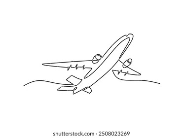 Airplane Continuous Line Art. One line drawing illustrating global travel and international airline flights.
